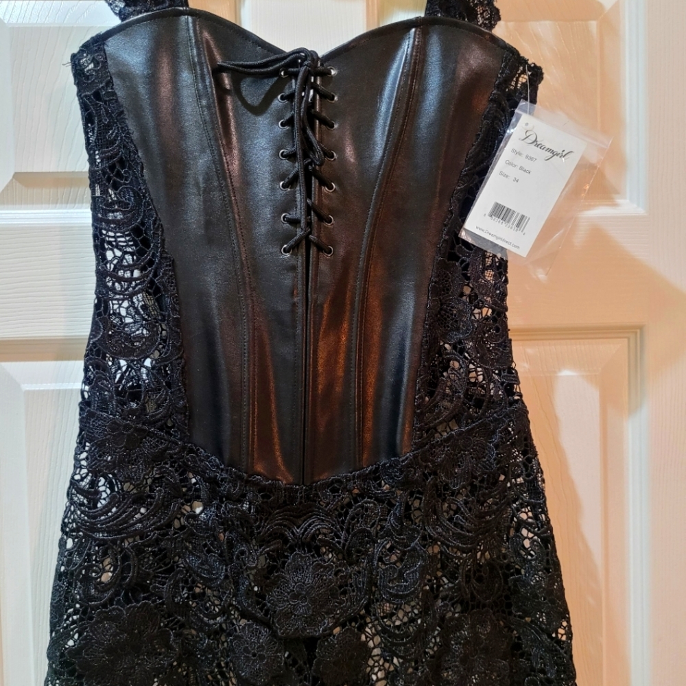 Faux leather & Venice lace corset w/lace-up front, attached skirt, lace straps
